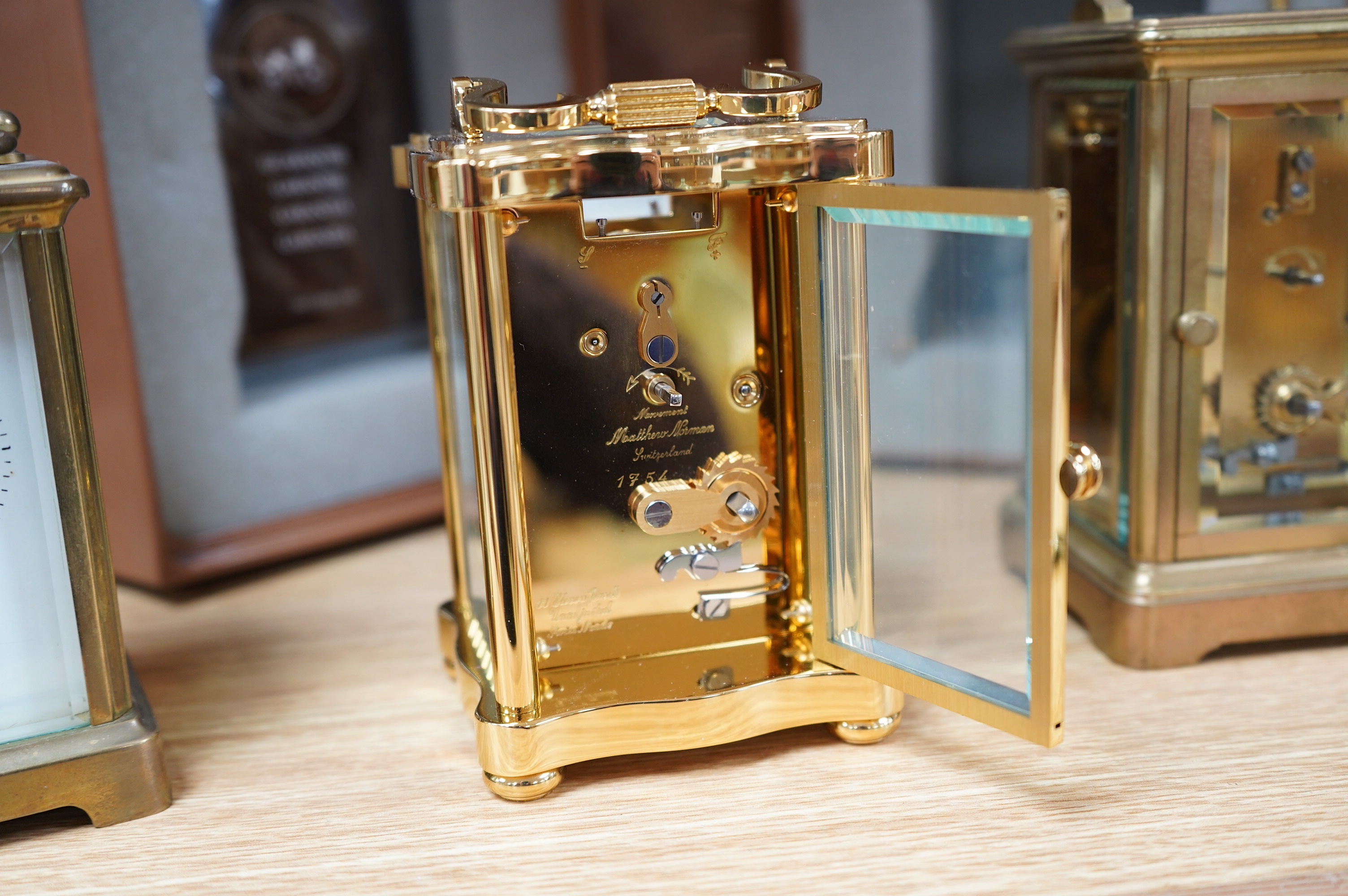 Three brass carriage timepieces (one a.f.), tallest 12.5cm. Condition - fair to good, one missing balance platform.